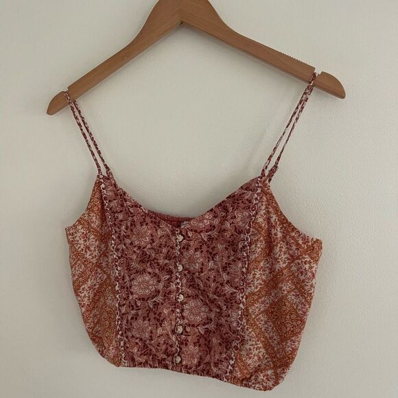 American Eagle Multi-Print Floral Linen Blend Cropped Cami Tank Top - Picture 5 of 9